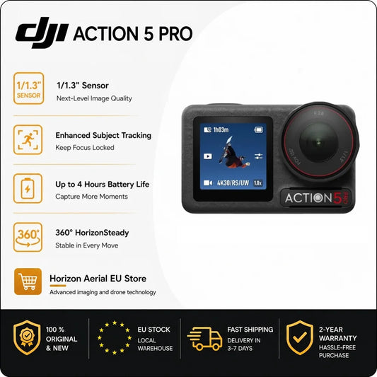 EU Stock DJI Osmo Action 5 Pro Camera 1/1.3" Sensor 4K 120FPS 40MP Dual OLED Touchscreen HorizonSteady Subject Tracking WiFi 6 Vlog Outdoor Sports Camera