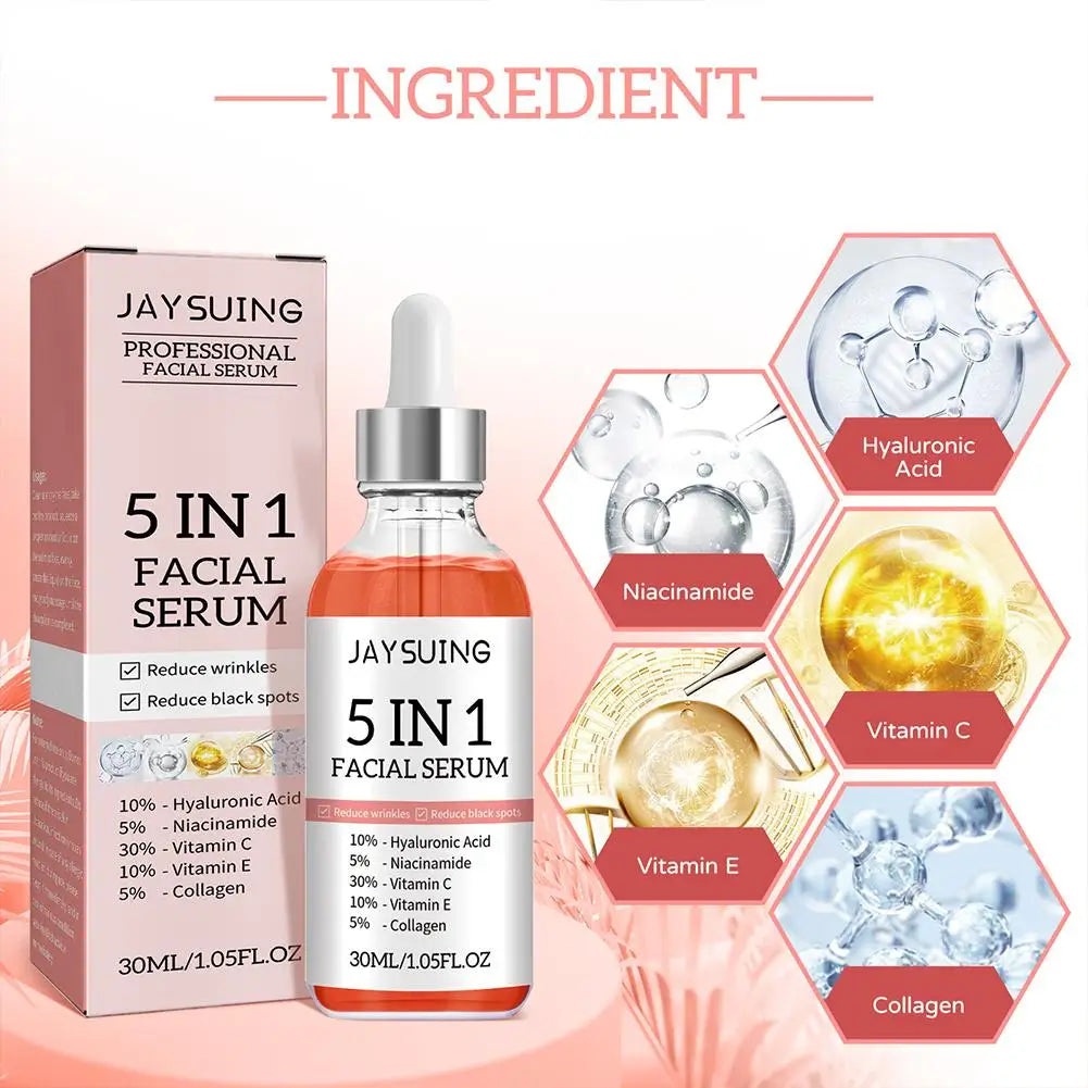 5 In 1 Face Serum 30% Vitamin C Moisturizing Whitening Anti Wrinkle Aging Niacinamide Hyaluronic Acid Facial Serum SkinCare 30ml