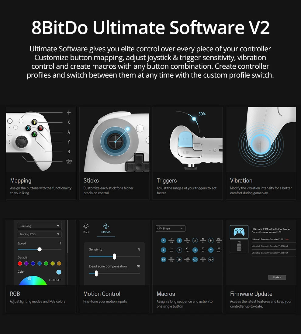 8BitDo Ultimate 2 Wireless Gaming Controller for PC / Android with TMR Joysticks, Switchable Triggers, Motion Control, 8Speed