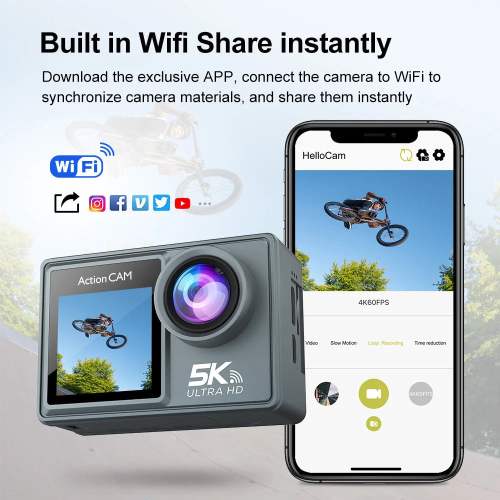 5K Action Camera 4K60FPS 2.0 Inch Touch Screen WiFi 170° Wide Angle 30M Waterproof Bicycle Motorcycles Sports Cameras