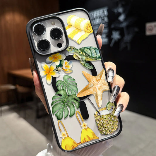 Clear Niche Ins-Style Summer Beach Watercolor Magnetic Phone Protective Case, Compatible with iPhone 11-17 Pro/Pro Max/Plus/Air & Samsung S23/S24/S25 Plus/Ultra, Strong Magnetic Wireless Charging, Universal for All Magnetic A