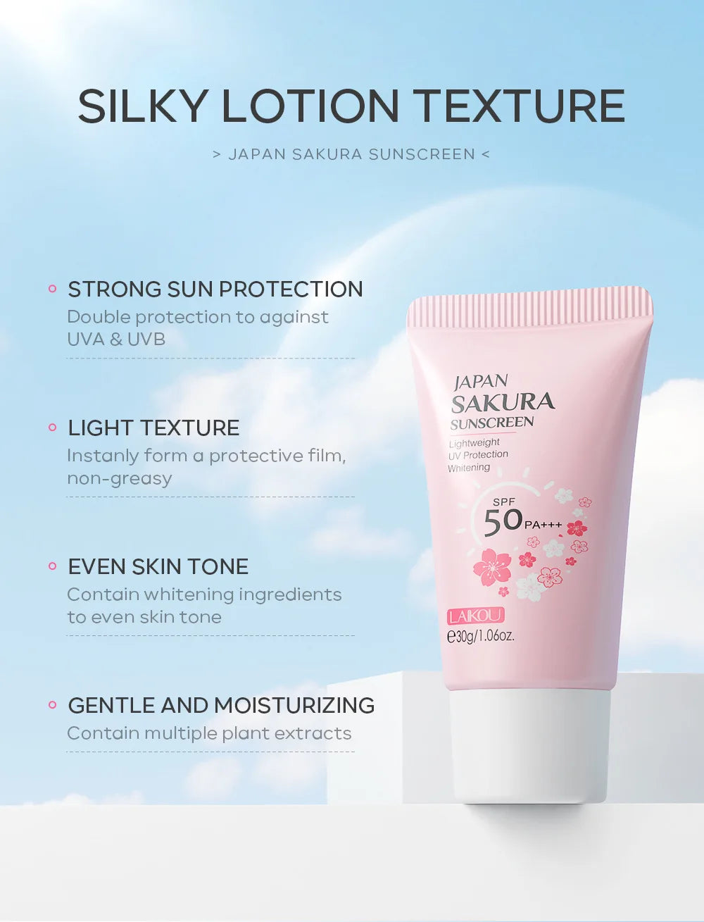 LAIKOU Sakura Sunscreen Cream SPF50+ UV Protection Face Body Refreshing Waterproof Moisturizing Concealer 30g ﻿