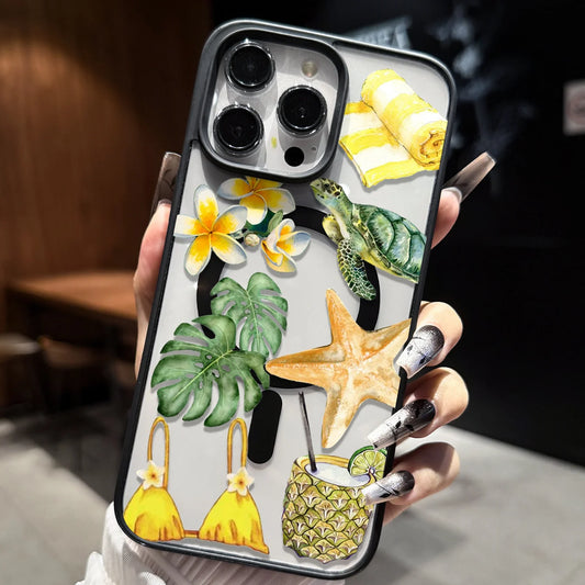 Clear Niche Ins-Style Summer Beach Watercolor Magnetic Phone Protective Case, Compatible with iPhone 11-17 Pro/Pro Max/Plus/Air & Samsung S23/S24/S25 Plus/Ultra, Strong Magnetic Wireless Charging, Universal for All Magnetic A