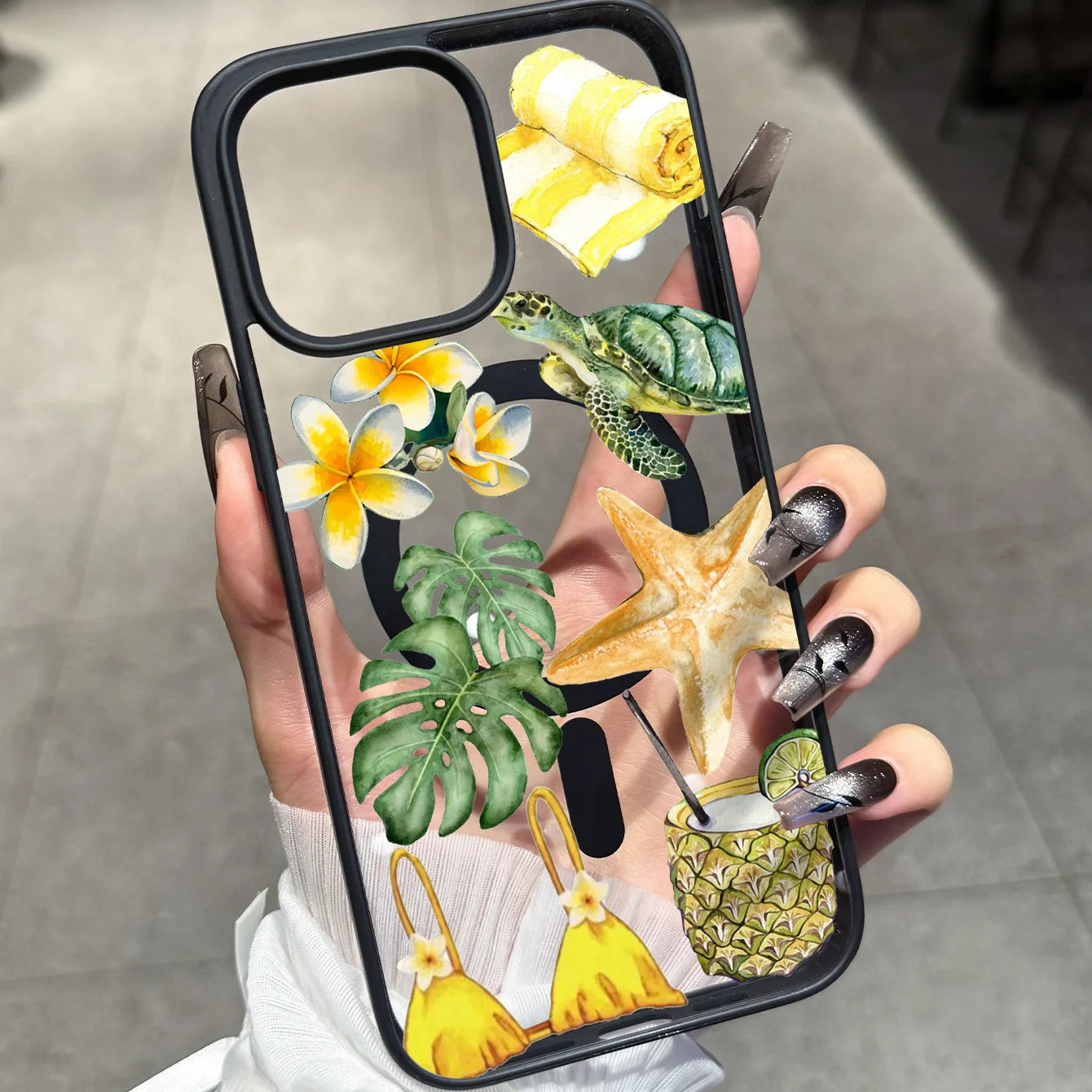 Clear Niche Ins-Style Summer Beach Watercolor Magnetic Phone Protective Case, Compatible with iPhone 11-17 Pro/Pro Max/Plus/Air & Samsung S23/S24/S25 Plus/Ultra, Strong Magnetic Wireless Charging, Universal for All Magnetic A