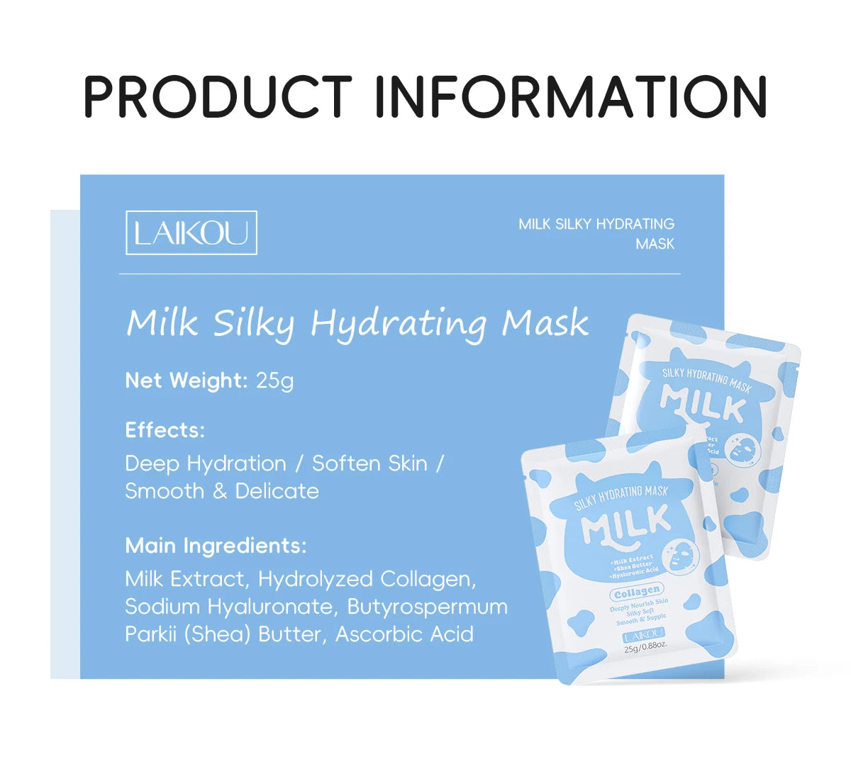 LAIKOU Milk Silky Hydrating Mask Brightening Collagen Sheet Mask Anti-Age Skin Care Moisturizing Face Mask 25g*20pcs