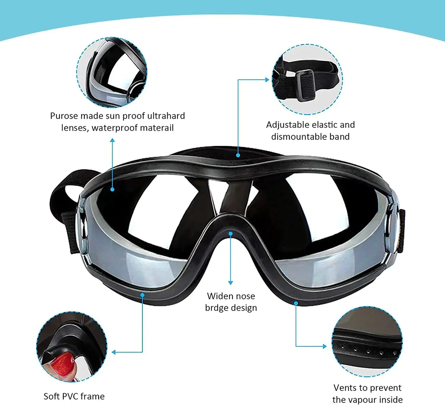 Dog Sunglasses Dog Goggles Adjustable Strap for Travel Skiing and Anti-Fog Snow Goggles Pet Goggles for Medium and Large Dogs