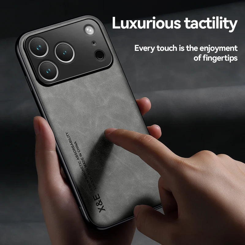 Luxury Leather Case For iPhone 17 16 15 14 13 12 11 Pro Max Plus 13 12 Mini 17 Air 16E Cover With Metal Plate Support Car Hold