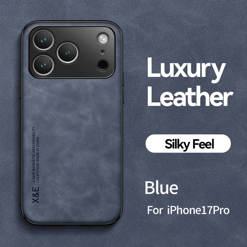 Luxury Leather Case For iPhone 17 16 15 14 13 12 11 Pro Max Plus 13 12 Mini 17 Air 16E Cover With Metal Plate Support Car Hold