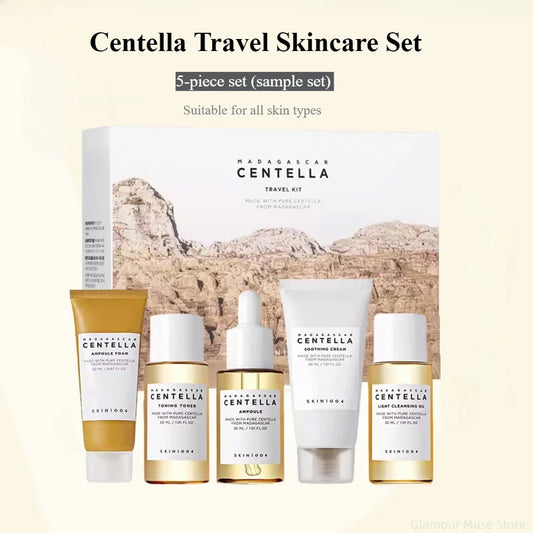 Korean Centella Travel Kit, Toner,Ampoule,Soothing Cream,Cleansing Oil,Ampoule Foam,Basic Daily Skincare Mini 5pcs Gift Sets