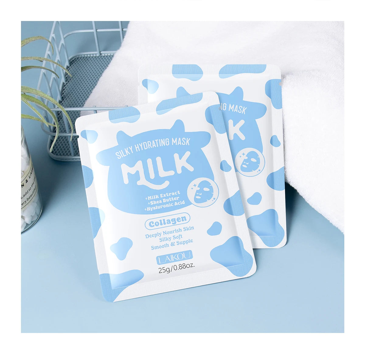 LAIKOU Milk Silky Hydrating Mask Brightening Collagen Sheet Mask Anti-Age Skin Care Moisturizing Face Mask 25g*20pcs