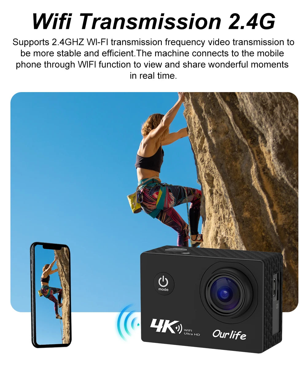 Ourlife 4K Action Camera Ultra HD 16MP WiFi 2.0 inch Screen 170D DVR Webcam Underwater 30M Helmet Video Recording Sport Camera