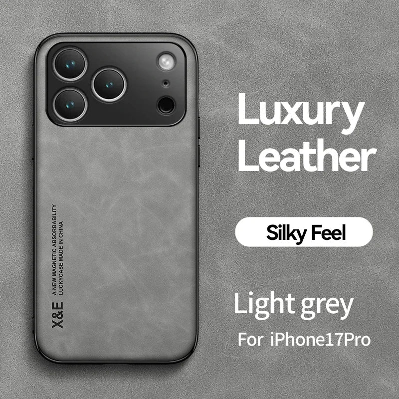 Luxury Leather Case For iPhone 17 16 15 14 13 12 11 Pro Max Plus 13 12 Mini 17 Air 16E Cover With Metal Plate Support Car Hold