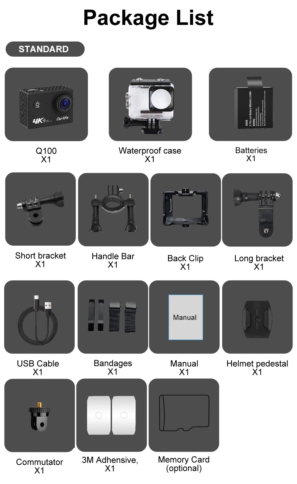 Ourlife 4K Action Camera Ultra HD 16MP WiFi 2.0 inch Screen 170D DVR Webcam Underwater 30M Helmet Video Recording Sport Camera