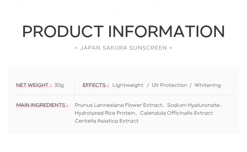 LAIKOU Sakura Sunscreen Cream SPF50+ UV Protection Face Body Refreshing Waterproof Moisturizing Concealer 30g ﻿