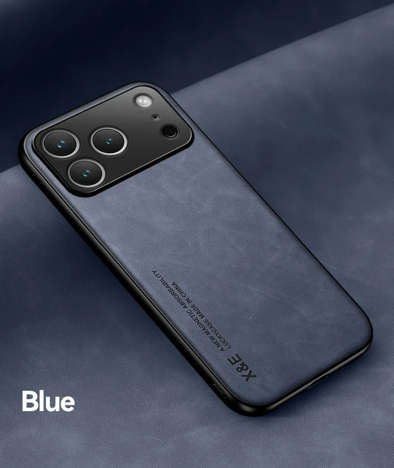 Luxury Leather Case For iPhone 17 16 15 14 13 12 11 Pro Max Plus 13 12 Mini 17 Air 16E Cover With Metal Plate Support Car Hold