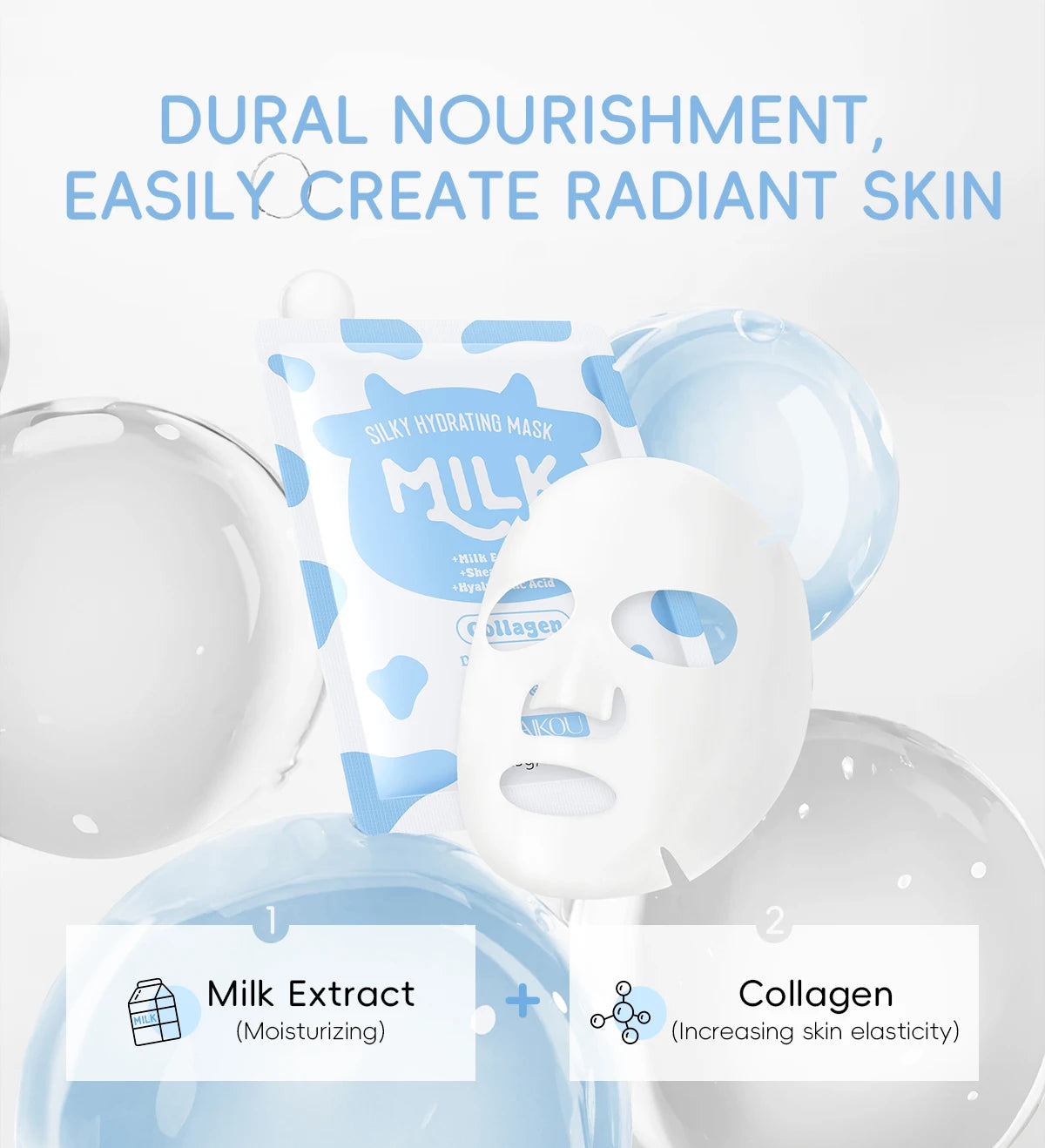 LAIKOU Milk Silky Hydrating Mask Brightening Collagen Sheet Mask Anti-Age Skin Care Moisturizing Face Mask 25g*20pcs