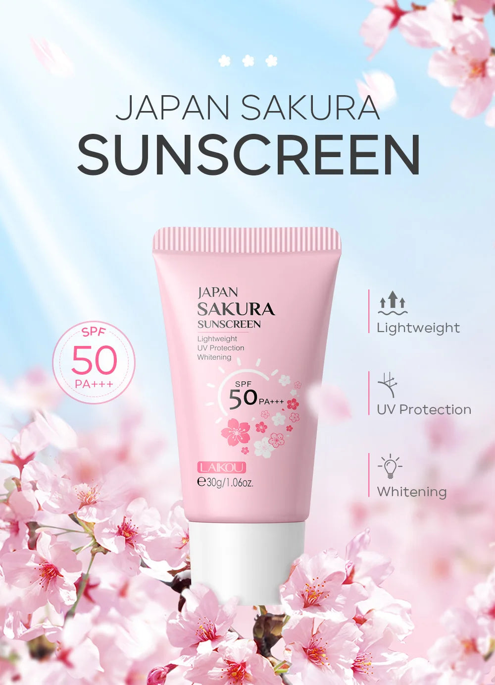 LAIKOU Sakura Sunscreen Cream SPF50+ UV Protection Face Body Refreshing Waterproof Moisturizing Concealer 30g ﻿