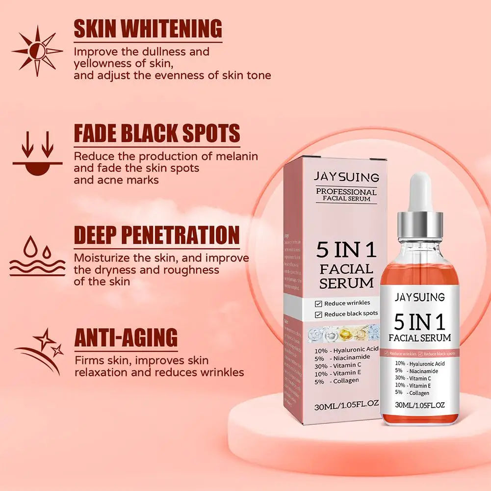 5 In 1 Face Serum 30% Vitamin C Moisturizing Whitening Anti Wrinkle Aging Niacinamide Hyaluronic Acid Facial Serum SkinCare 30ml