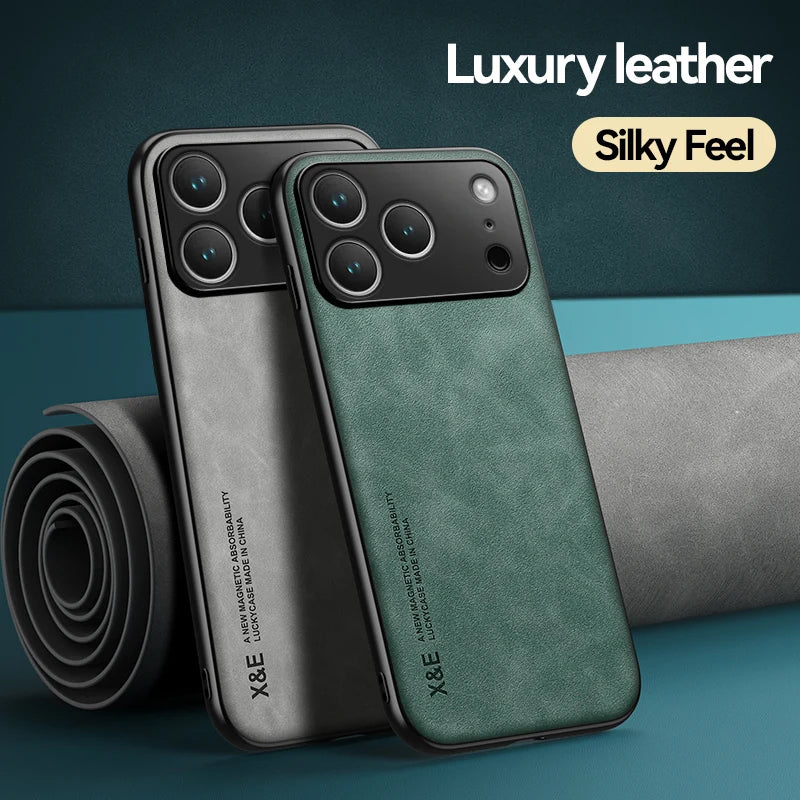Luxury Leather Case For iPhone 17 16 15 14 13 12 11 Pro Max Plus 13 12 Mini 17 Air 16E Cover With Metal Plate Support Car Hold