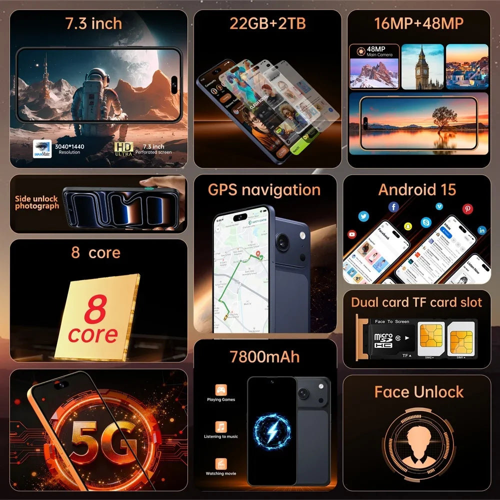 K-Touch New Ai iFone 17 Pro Maxi Smartphone Android 5G 7.3HD 22G+2TB Smart Mobile Phones 16+48MP Dual Sim 7800mAh Unlocked Cell Phone Global Version