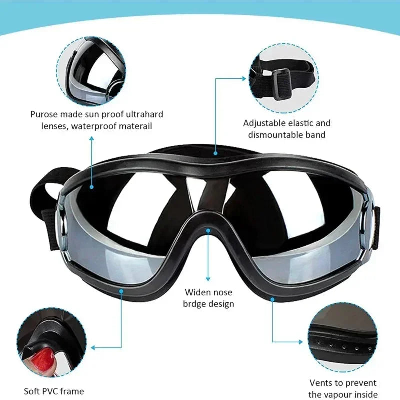 Dog Sunglasses Dog Goggles Adjustable Strap for Travel Skiing and Anti-Fog Snow Goggles Pet Goggles for Medium and Large Dogs