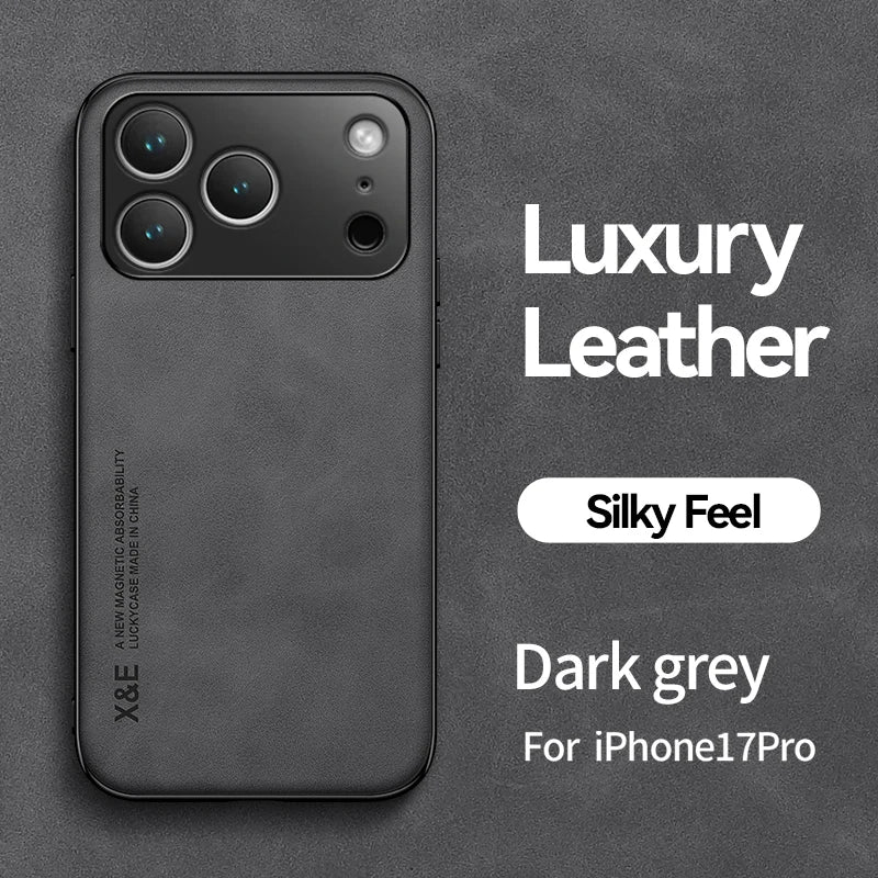 Luxury Leather Case For iPhone 17 16 15 14 13 12 11 Pro Max Plus 13 12 Mini 17 Air 16E Cover With Metal Plate Support Car Hold
