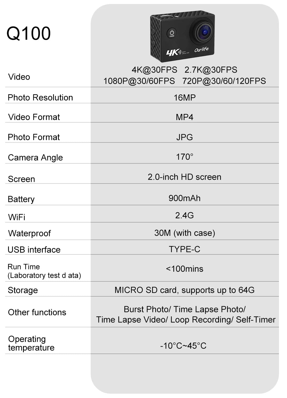 Ourlife 4K Action Camera Ultra HD 16MP WiFi 2.0 inch Screen 170D DVR Webcam Underwater 30M Helmet Video Recording Sport Camera