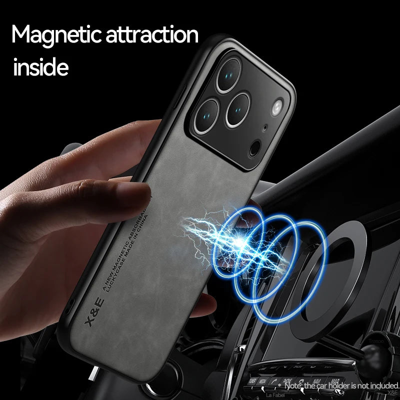 Luxury Leather Case For iPhone 17 16 15 14 13 12 11 Pro Max Plus 13 12 Mini 17 Air 16E Cover With Metal Plate Support Car Hold